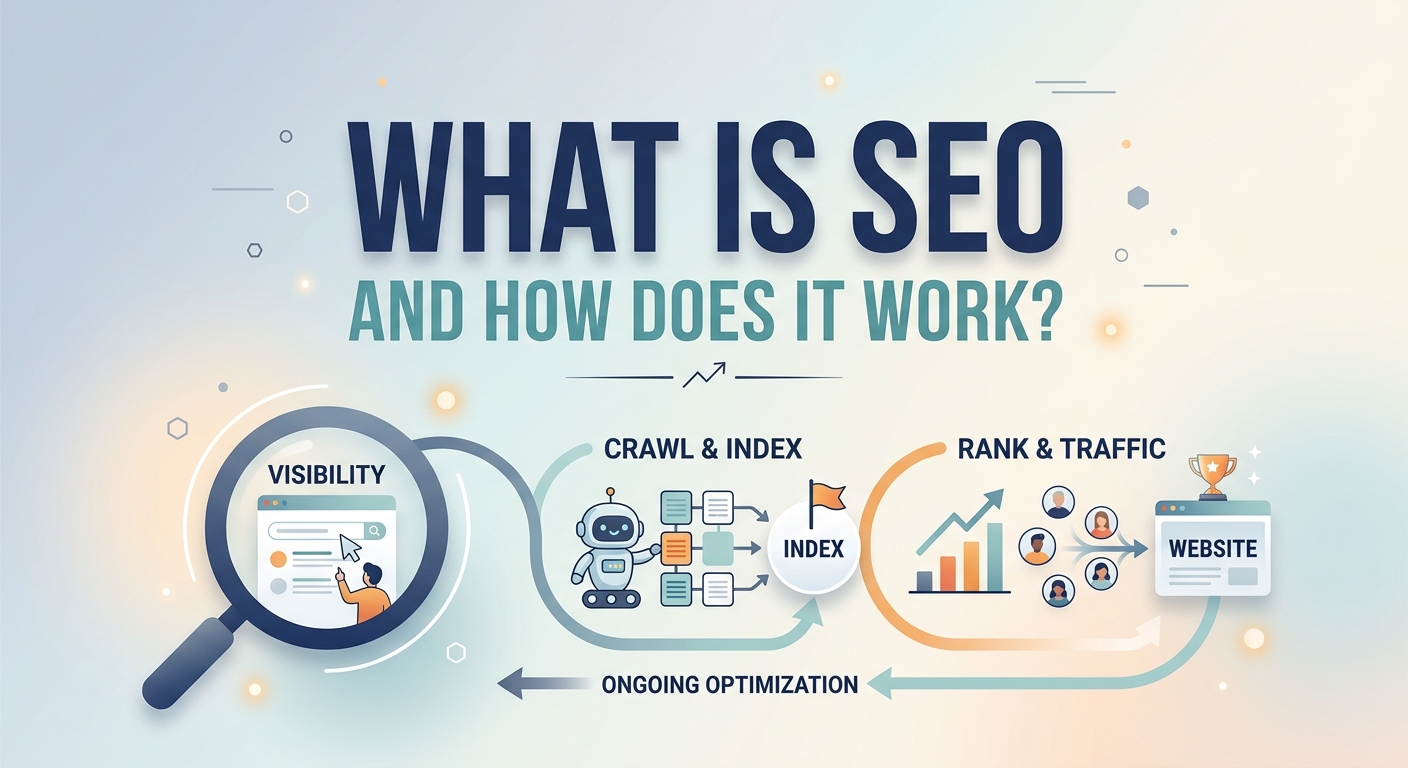 What is SEO and how does it work: crawl and index, then rank and traffic, feeding ongoing optimization